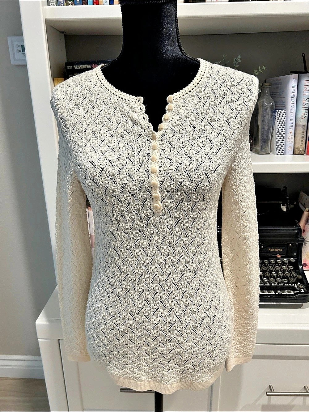SEZANE LA MARQUE JEANNE Open Front Knit 100% Merino Wool Top in White Small Lik